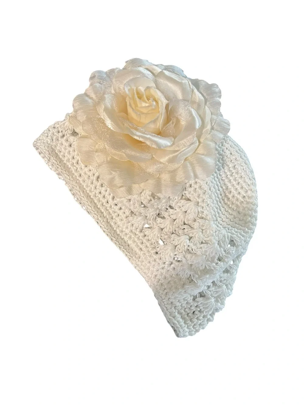 Hand Crochet Infant Hat Cap Beret OS White Large Flower Christening Photography